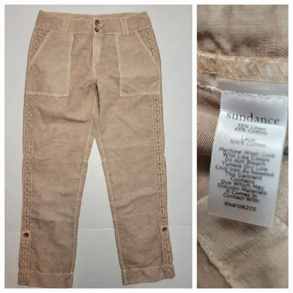 Sundance Pants Womens 6 Organia Lace Panel Linen Blend Relaxed Straight Bohemian - Picture 1 of 8